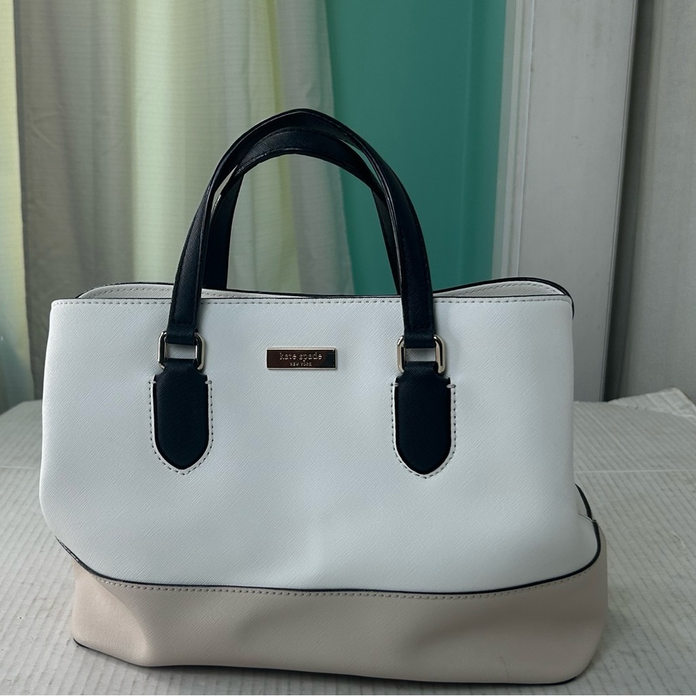 Kate Spade Laurel Way Evangelie Tote Cream Nude Black Straps Gold Satchel Bag - Picture 8 of 14